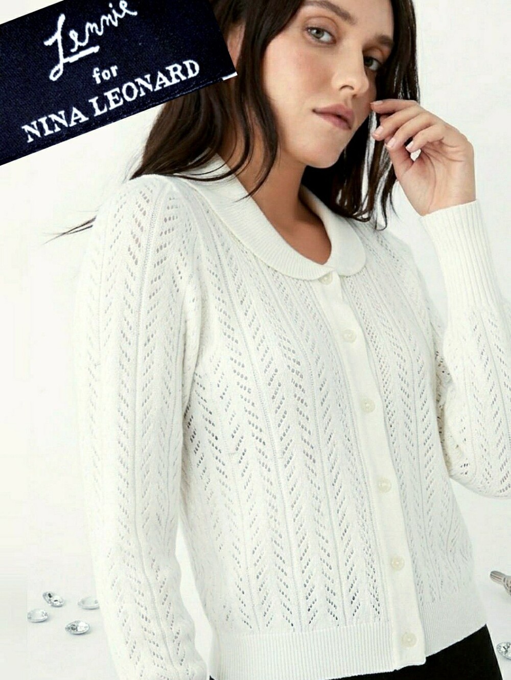 Nina Leonard💗New White Hollow-Out Lightweight Buttons Up Knit Top
